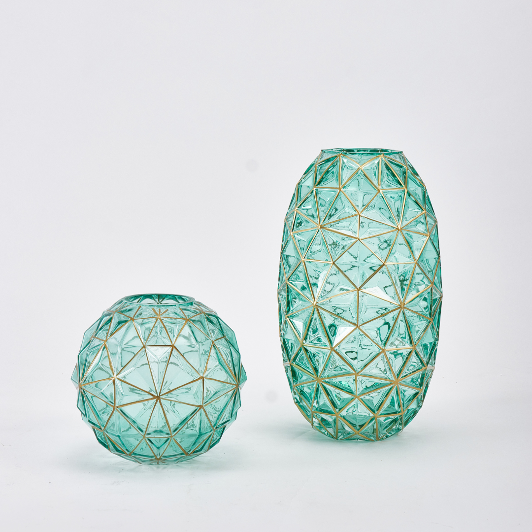 Diamond Cut Green Glass Vase with Golden Highlights, Small