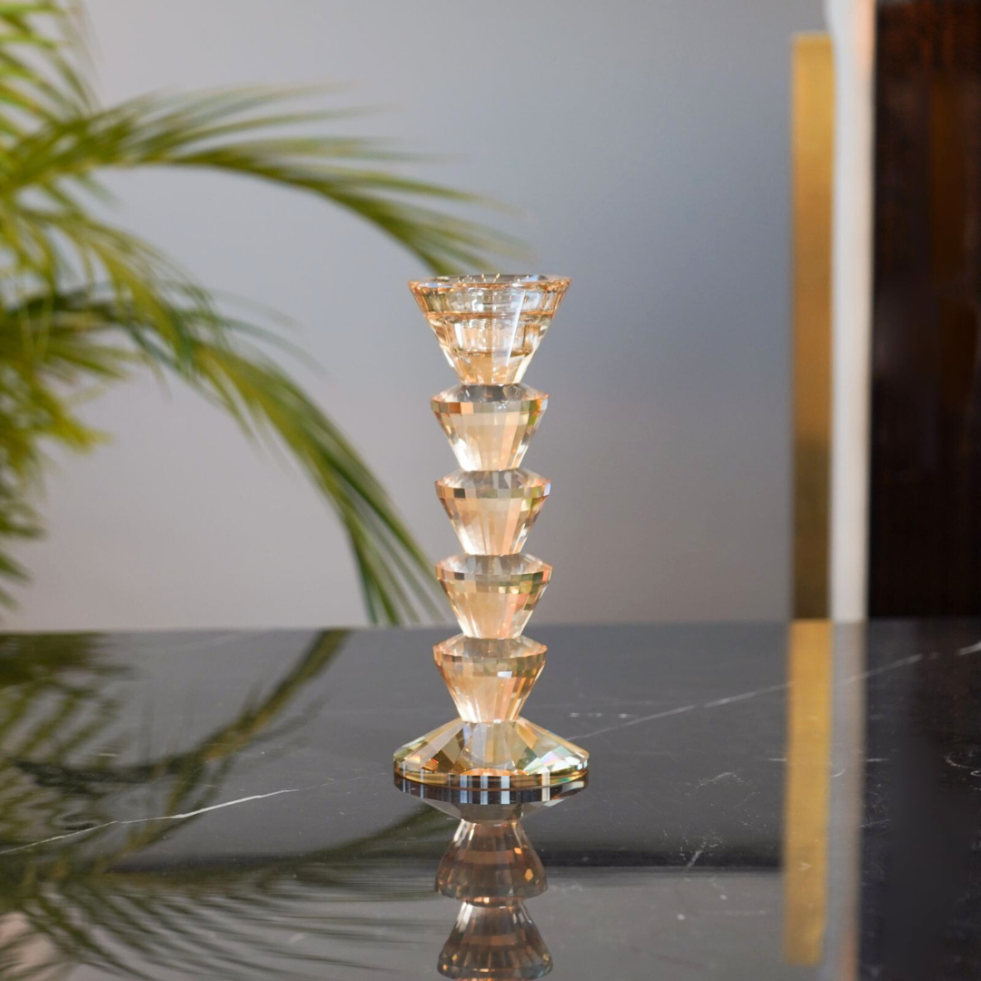Dual Side Crystal Tapered Candle Holder, Tinted Gold