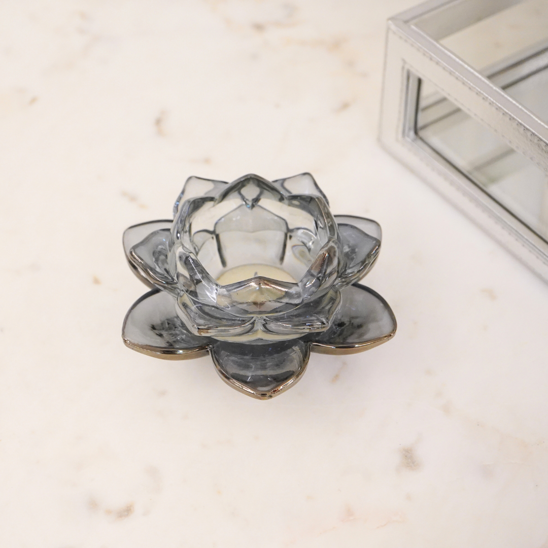 Grey Lotus Glass Tealight Candle Holder