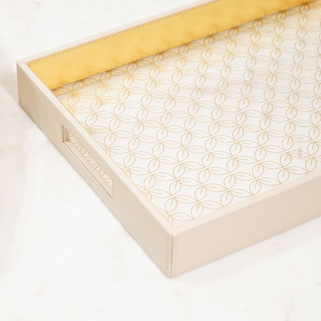 Vegan Leather Serving Tray w/ Beige & Gold Design