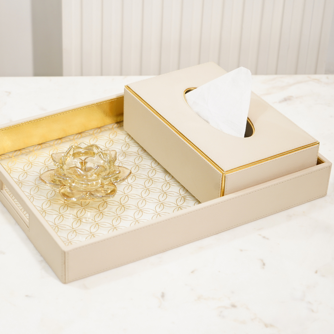 Vegan Leather Serving Tray w/ Beige & Gold Design