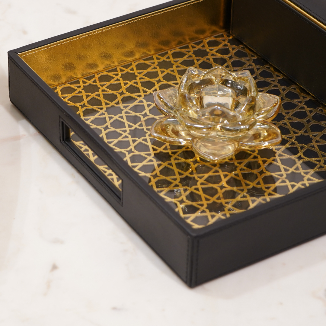 Vegan Leather Serving Tray w/ Black & Gold Design