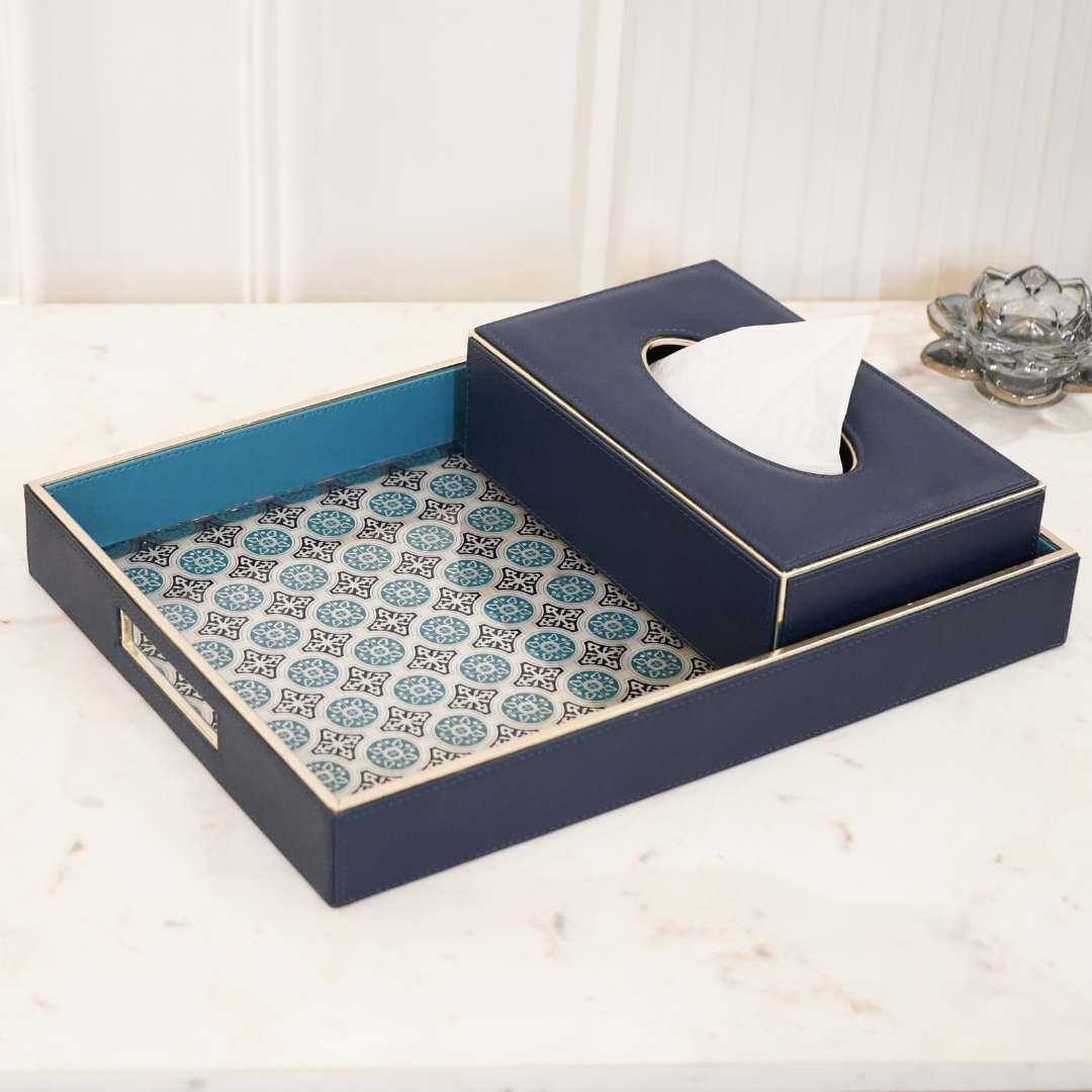 Vegan Leather Serving Tray w/ Contrast Blue Design