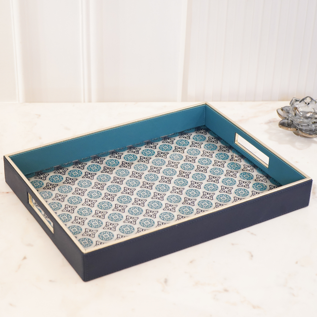Vegan Leather Serving Tray w/ Contrast Blue Design