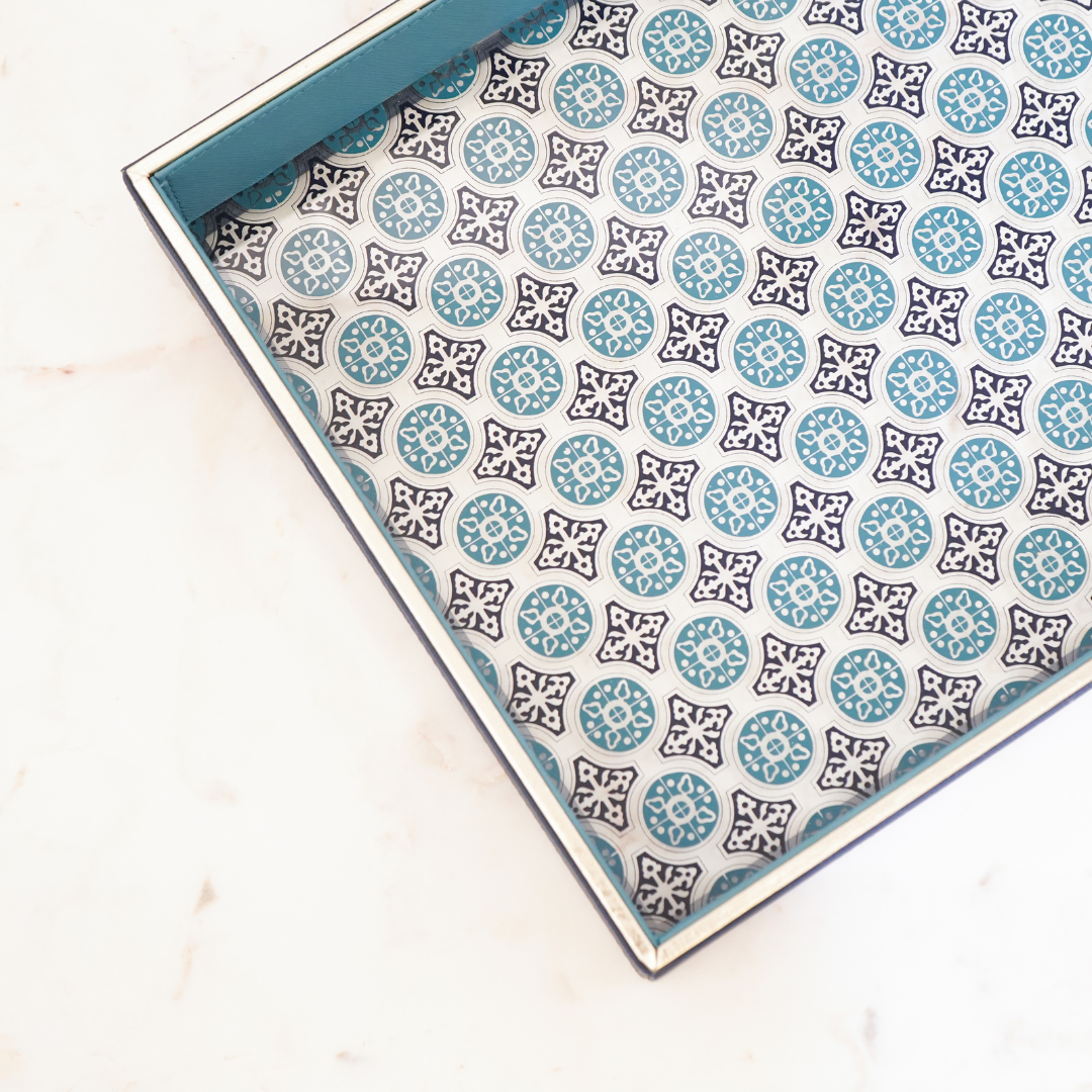 Vegan Leather Serving Tray w/ Contrast Blue Design