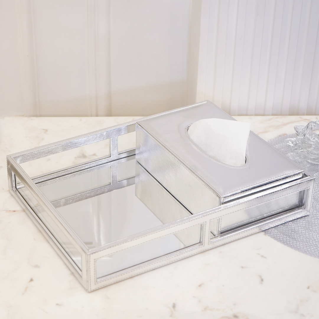 Silver Vegan Leather Decor Tray with Mirror Base
