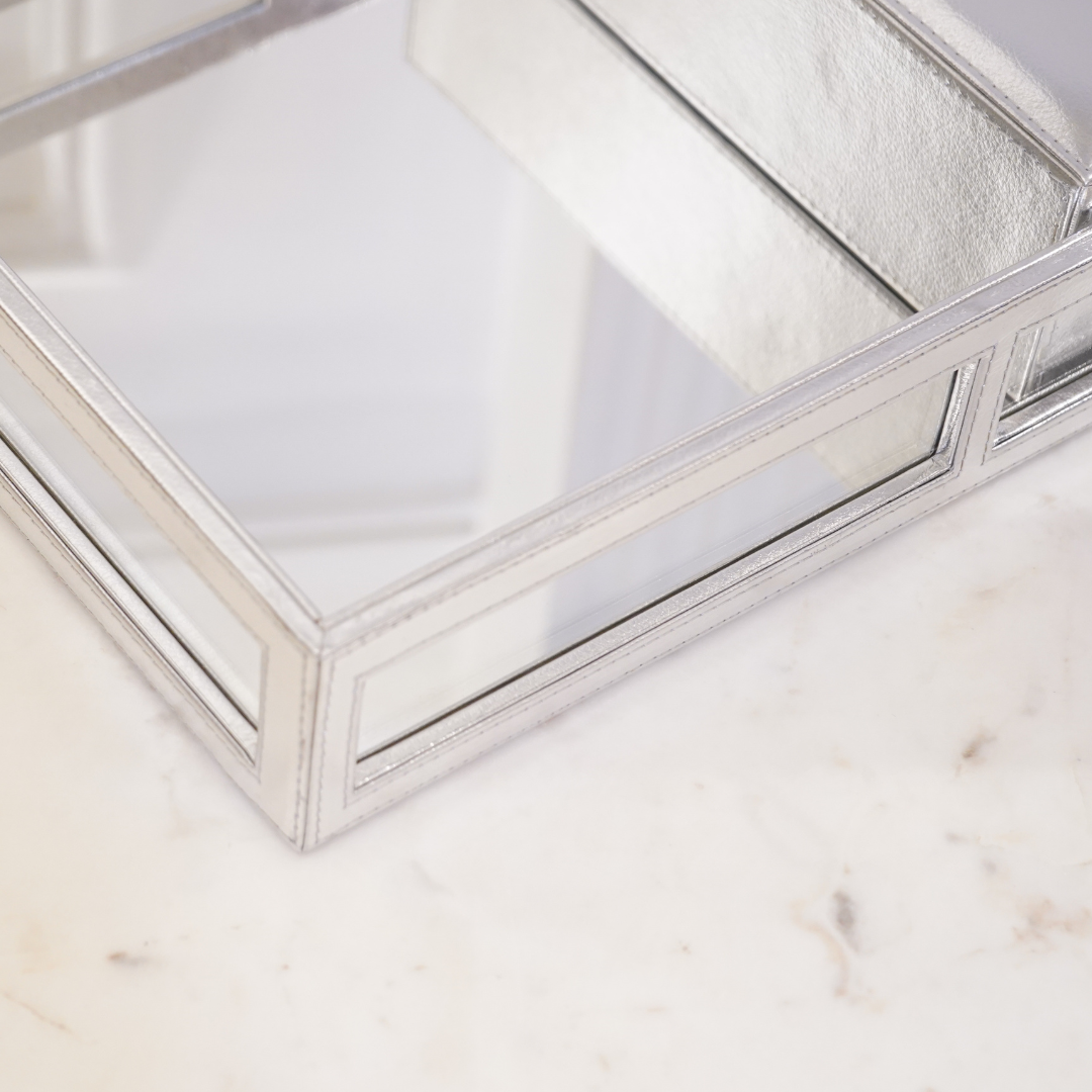 Silver Vegan Leather Decor Tray with Mirror Base