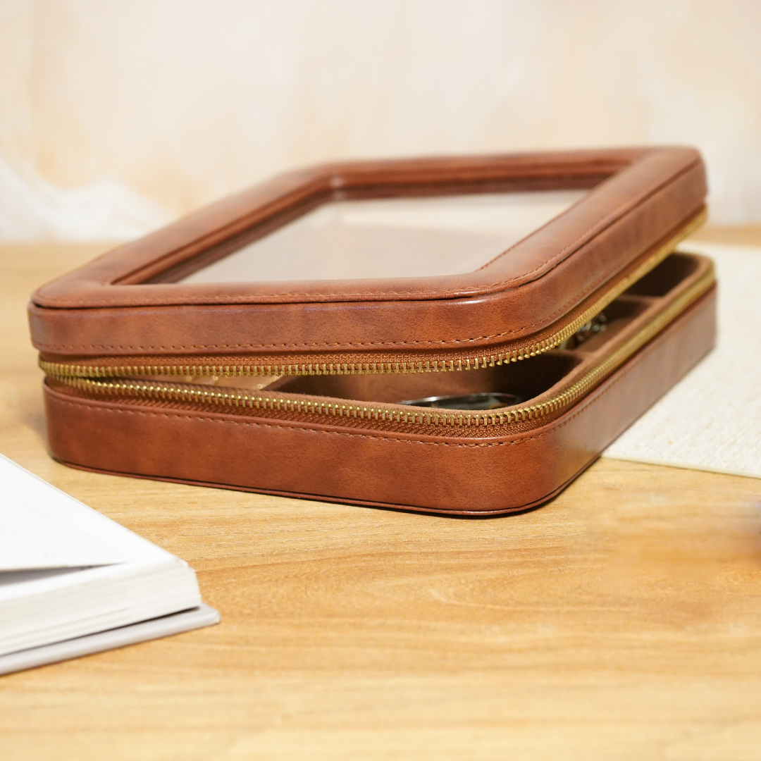 Vegan Leather Jewellery Travel Organiser Box, Brown