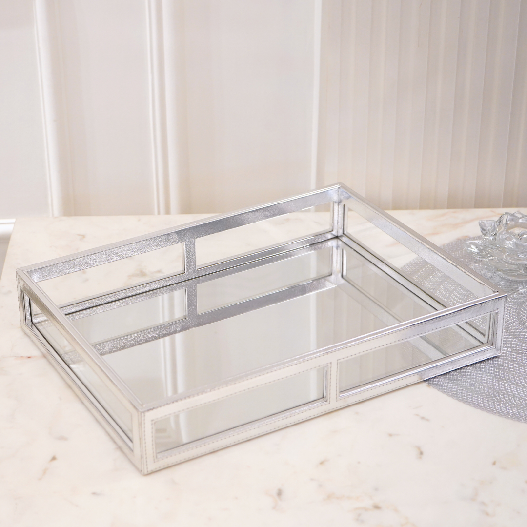 Silver Vegan Leather Decor Tray with Mirror Base