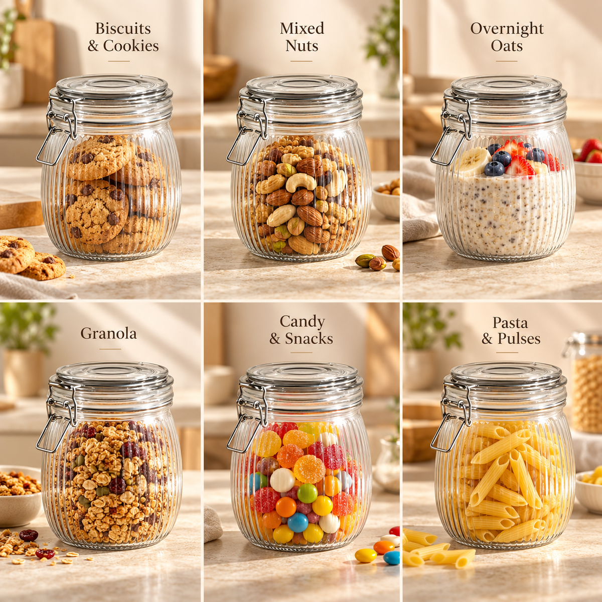 Fluted Airtight Mason Glass Storage Jar 850 ml, Grey