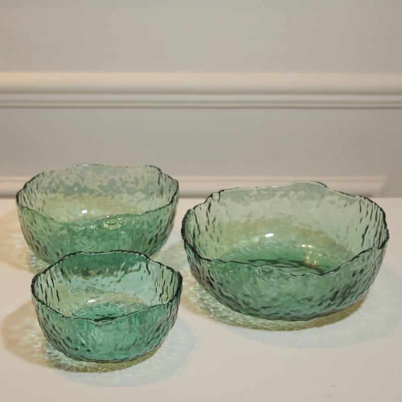 Green Crystal Glass Serving Bowls, Set of 3
