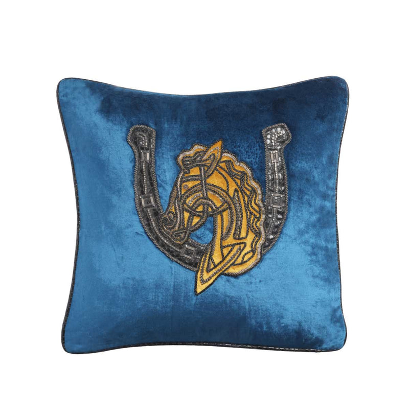 Blue Embroidered Bucephala Velvet Cushion Cover 20x20 inch