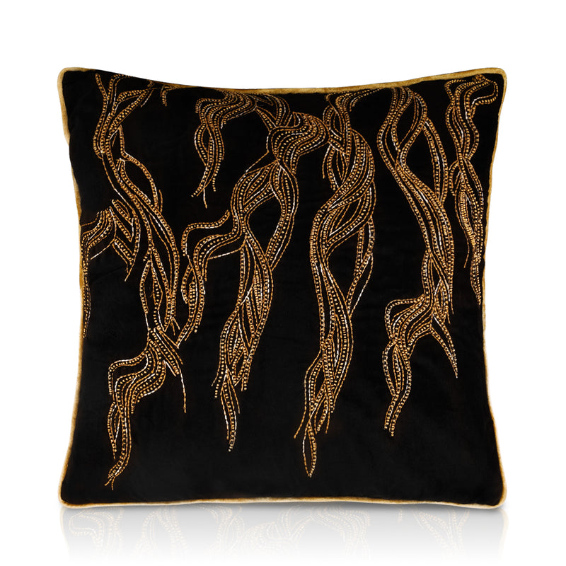 Black & Gold Embroidered Bianzi Velvet Cushion Cover 18x18 inch