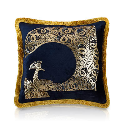 Paon Midnight Blue Velvet Fringe Cushion